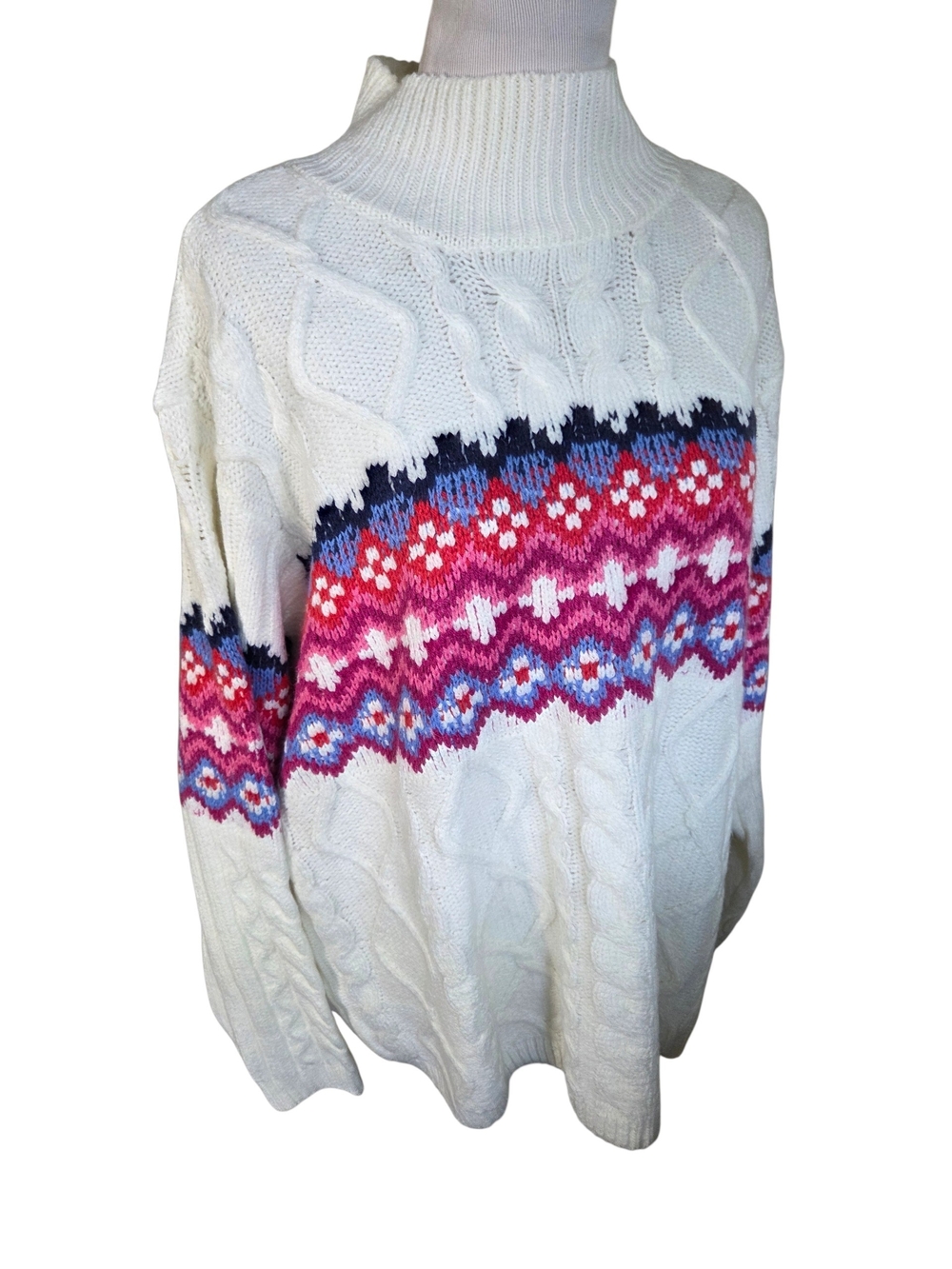 St. John's Bay Cream Cable Knit Turtleneck Sweater with Pink & Blue Fair Isle 3X